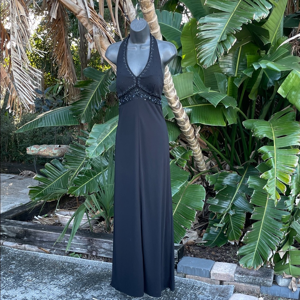 beaded halter gown with sheer cut out